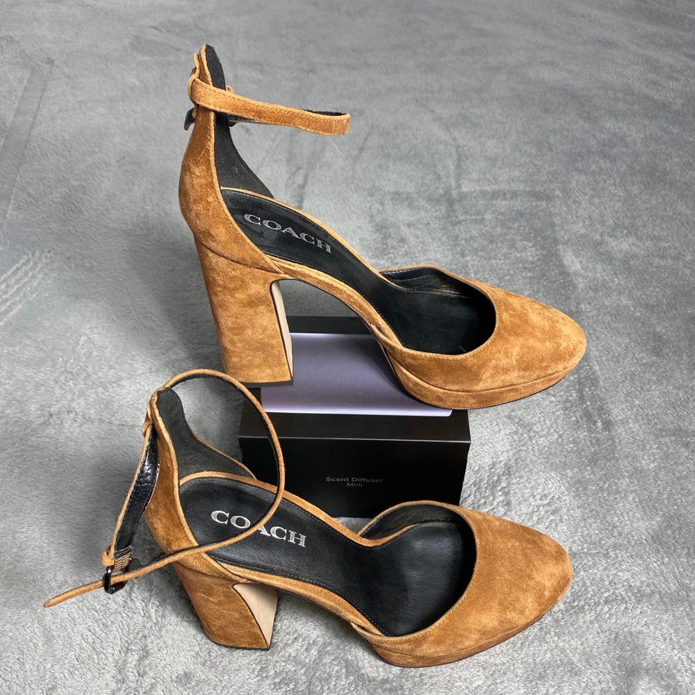 Coach Chrystie Suede Womens 9.5 Tan Closed Toe Ankle Strap Platform Chunky Heels
